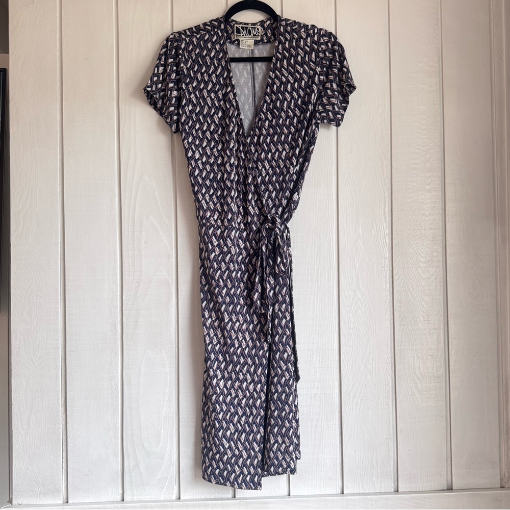 Diane Von Furstenberg Navy and White Printed Wrap Midi Dress